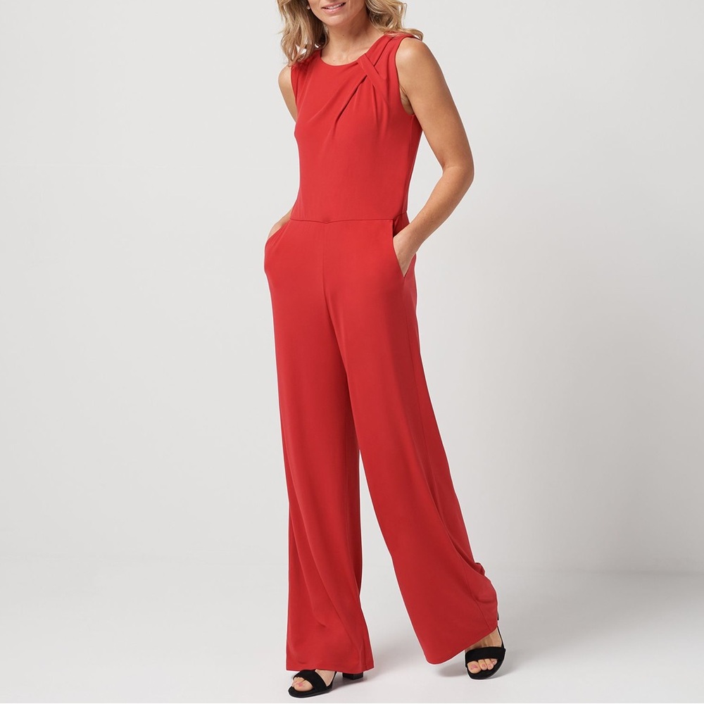 J Jason Wu Jumpsuit XL Solid Red Sleeveless City Knit Pockets Wide Leg Ruched